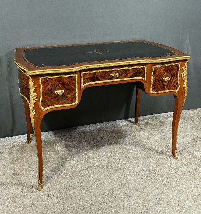 Small Mahogany And Rosewood Mid-century Desk, Louis XV Style, Napoleon III Period – Mid-19th Century-photo-2