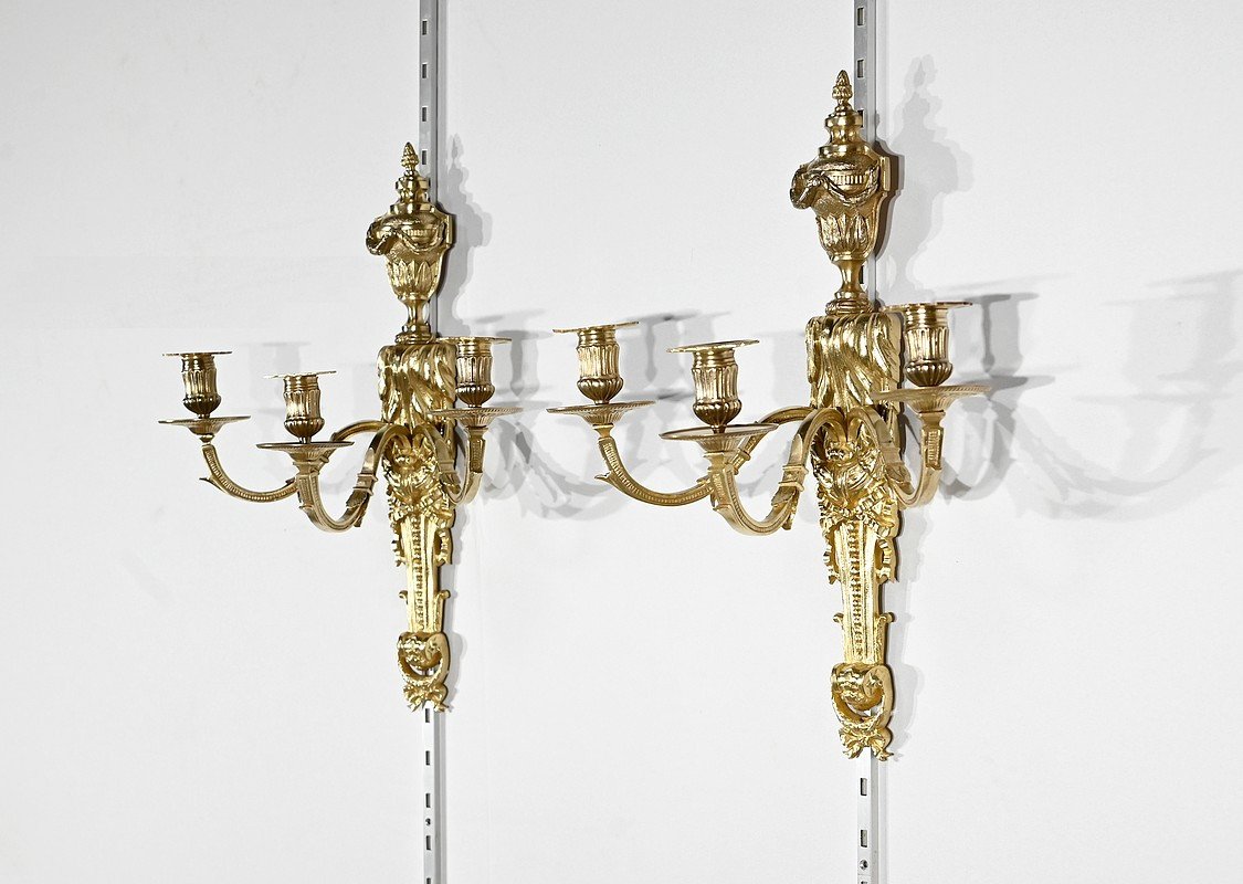 Paire D’appliques En Bronze Doré, Style Louis XVI – Milieu XIXe-photo-2