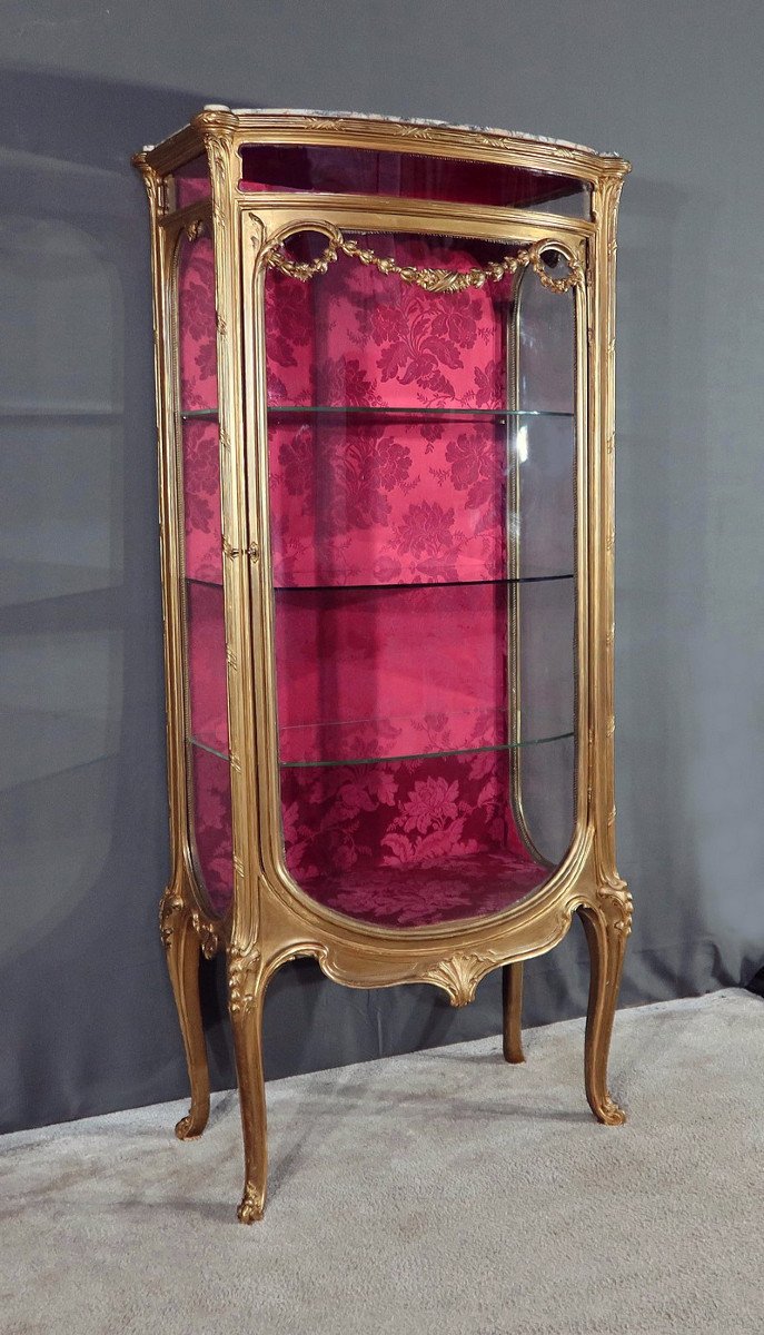 Curved Display Cabinet In Gilded Wood, Louis XV / Louis XVI Transition – Early 20th Century-photo-2