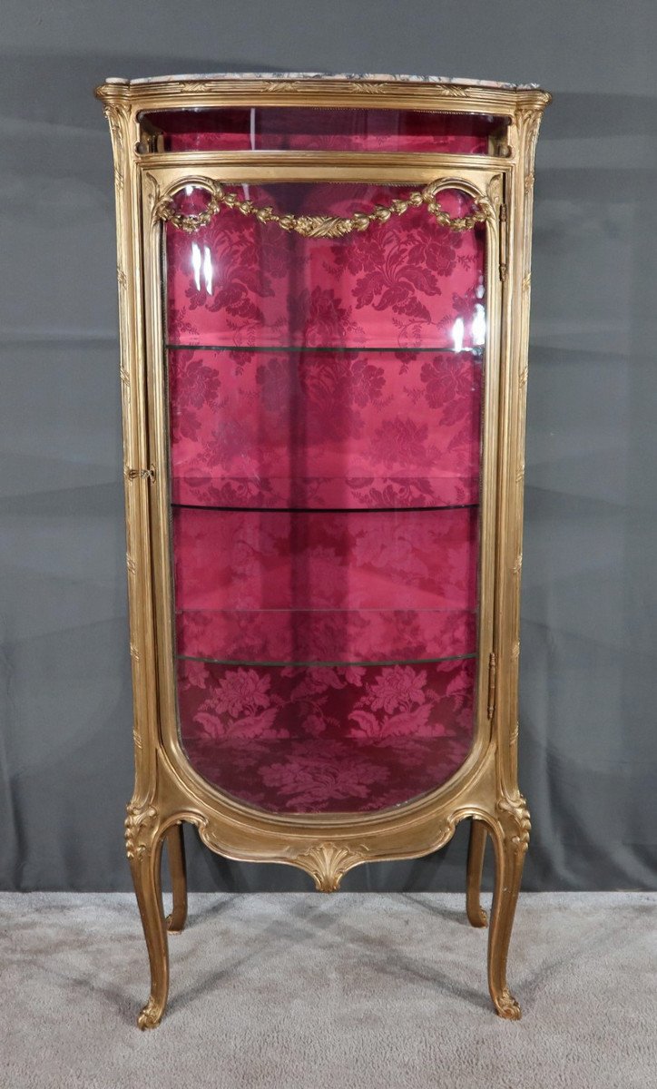 Curved Display Cabinet In Gilded Wood, Louis XV / Louis XVI Transition – Early 20th Century-photo-2