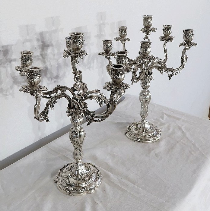 Pair Of Silver-plated Bronze Candelabra, Louis XV Style – 19th Century-photo-2