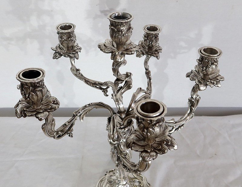 Pair Of Silver-plated Bronze Candelabra, Louis XV Style – 19th Century-photo-3