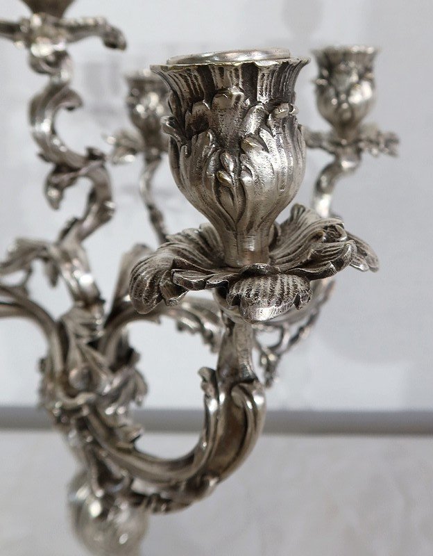 Paire De Candélabres En Bronze Argenté, Style Louis XV – XIXe-photo-4