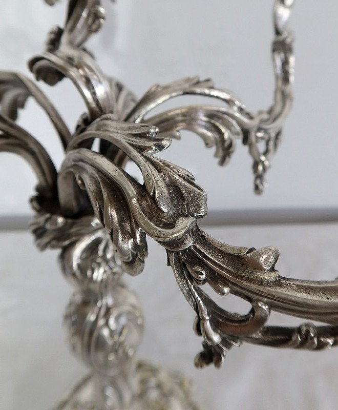 Pair Of Silver-plated Bronze Candelabra, Louis XV Style – 19th Century-photo-2