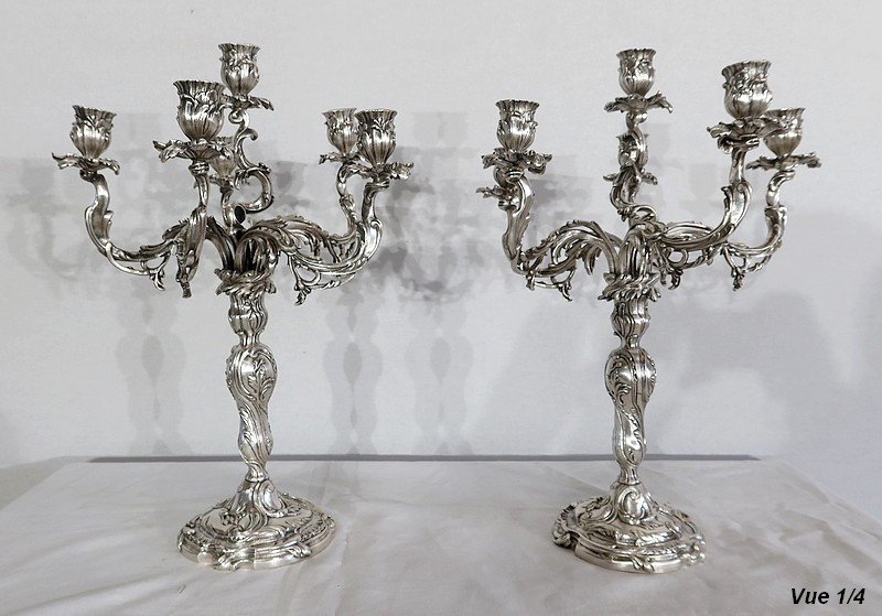 Pair Of Silver-plated Bronze Candelabra, Louis XV Style – 19th Century-photo-4