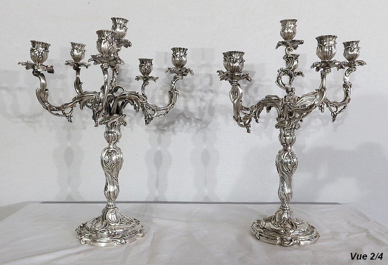 Pair Of Silver-plated Bronze Candelabra, Louis XV Style – 19th Century-photo-5