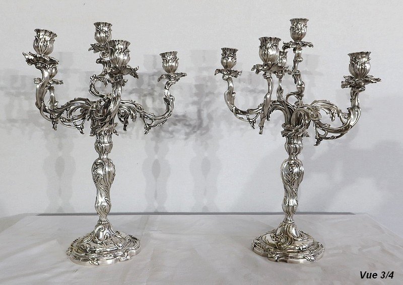 Pair Of Silver-plated Bronze Candelabra, Louis XV Style – 19th Century-photo-6