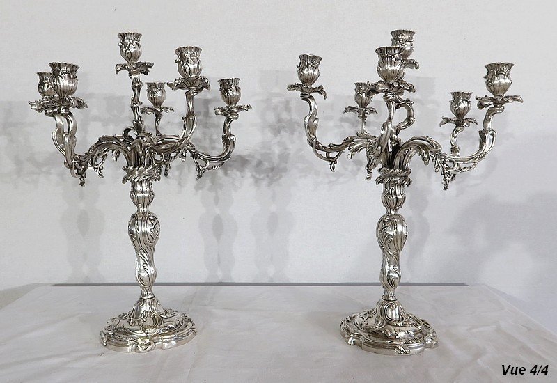 Pair Of Silver-plated Bronze Candelabra, Louis XV Style – 19th Century-photo-7