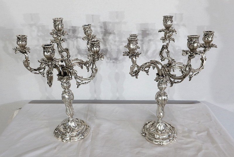 Pair Of Silver-plated Bronze Candelabra, Louis XV Style – 19th Century