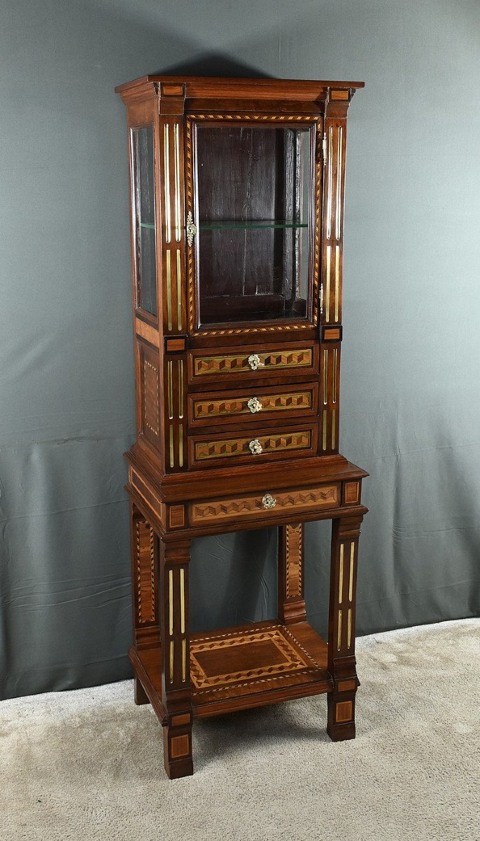 Rare Small Marquetry Display Cabinet, Louis XVI Style – Mid 19th Century-photo-2