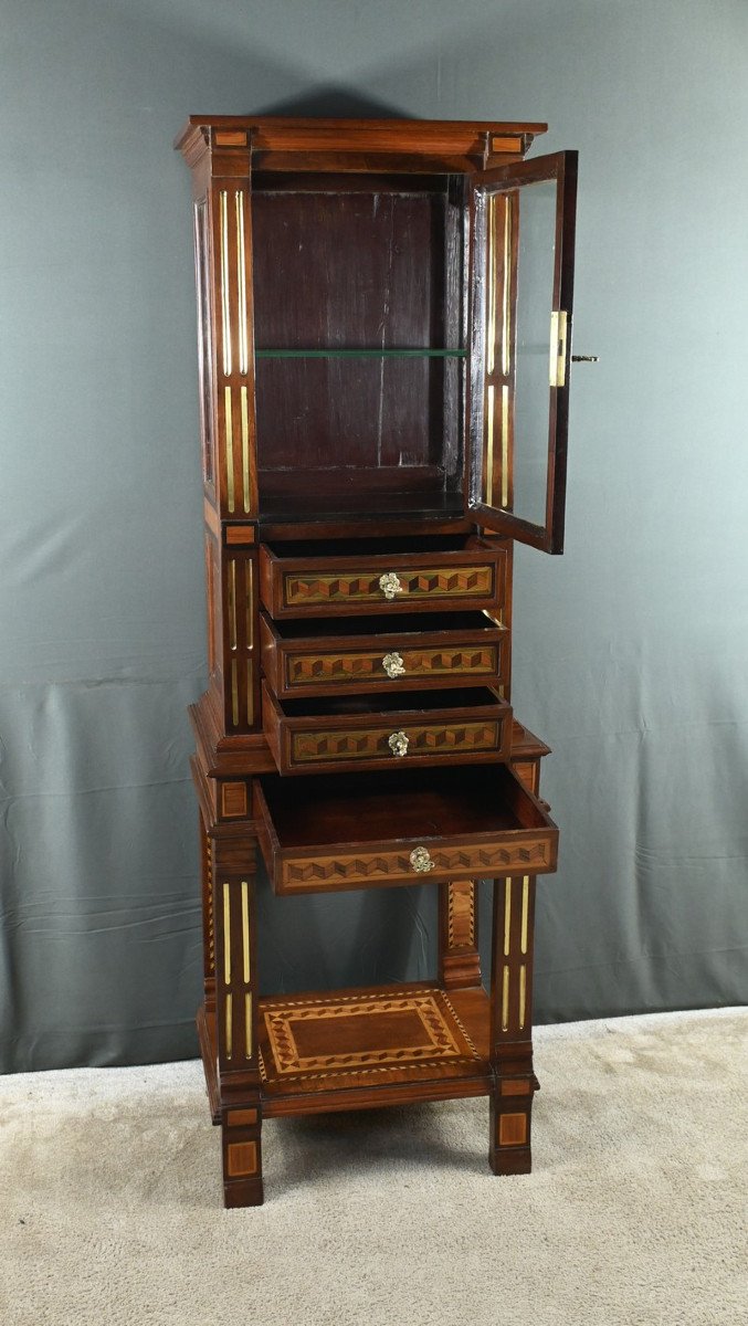 Rare Small Marquetry Display Cabinet, Louis XVI Style – Mid 19th Century-photo-4