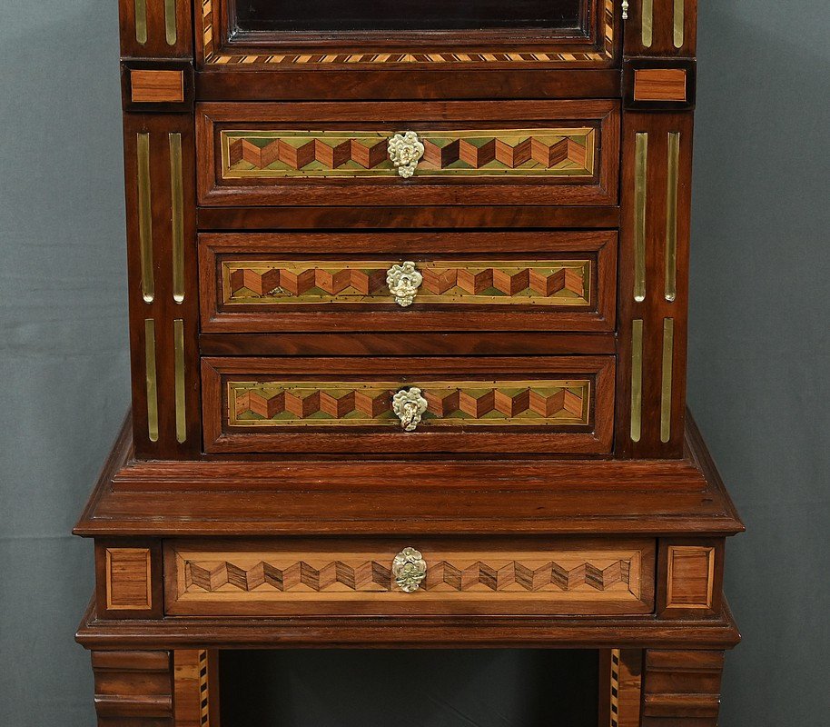 Rare Small Marquetry Display Cabinet, Louis XVI Style – Mid 19th Century-photo-5