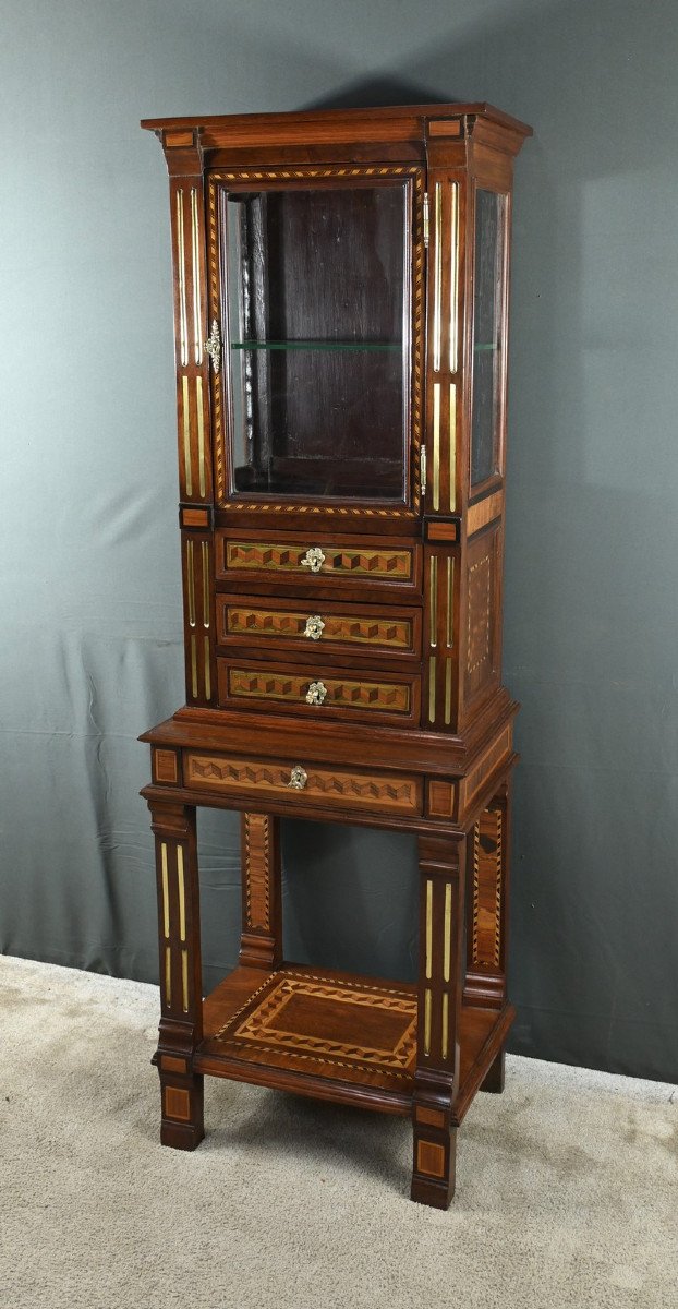 Rare Small Marquetry Display Cabinet, Louis XVI Style – Mid 19th Century