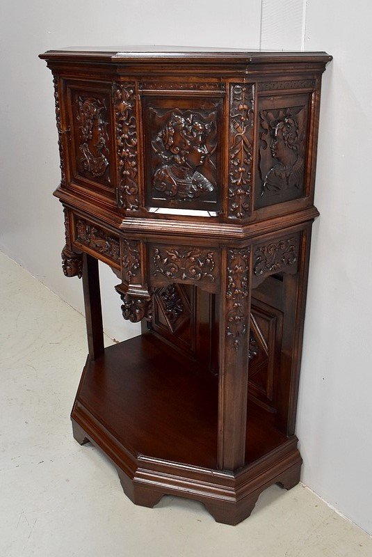 Cabinet In Solid Walnut, Gothic Taste - Renaissance - Late 19th Century-photo-3