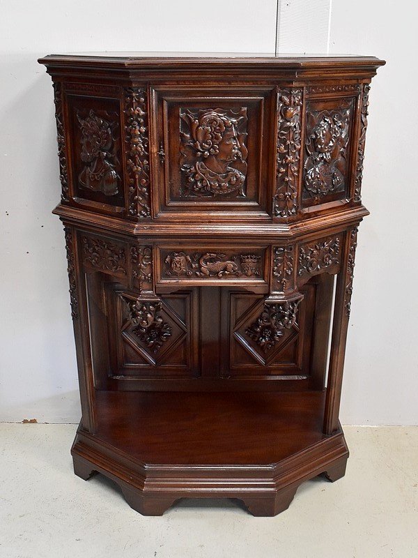 Cabinet In Solid Walnut, Gothic Taste - Renaissance - Late 19th Century