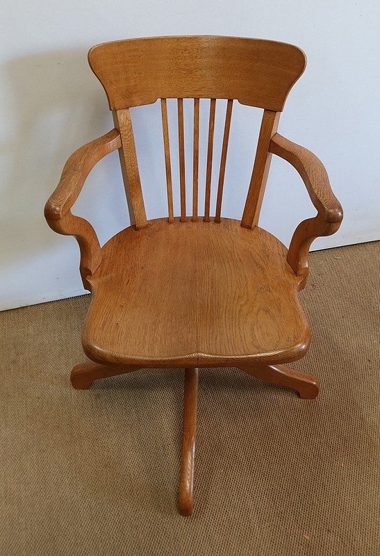  Fauteuil De Bureau Réglable, En Chêne Clair Massif – 1940 