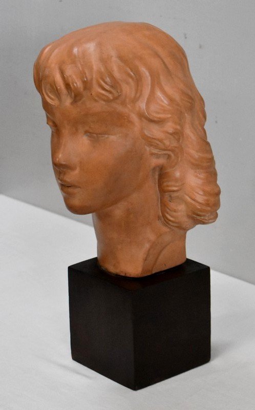 Terracotta Bust Of A Young Girl, Art-deco, By Jc Guéro - Early Twentieth-photo-3