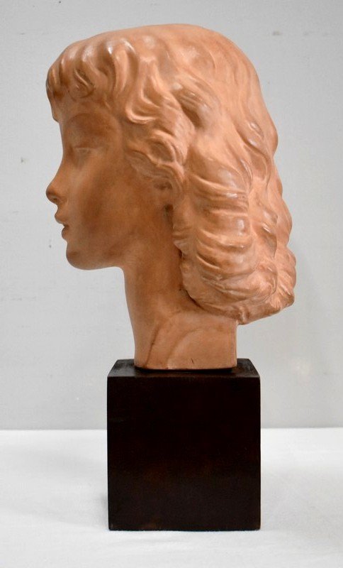 Terracotta Bust Of A Young Girl, Art-deco, By Jc Guéro - Early Twentieth-photo-5