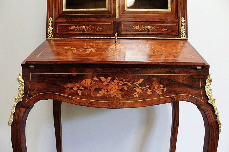 Small Showcase Desk In Rosewood And Marquetry, Napoleon III Period - Mid-19th Century-photo-3