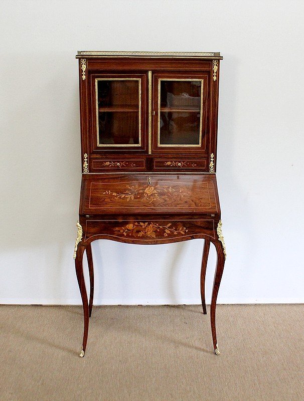 Small Showcase Desk In Rosewood And Marquetry, Napoleon III Period - Mid-19th Century