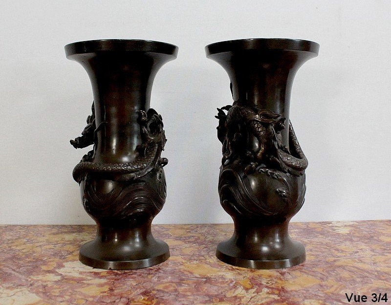  Paire De Vases Japonais En Bronze Patiné - 1900 -photo-6