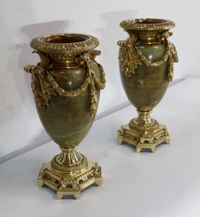  Importante Paire De Vases En Onyx Et Bronze, Style Louis XVI - 2ème Partie XIXe -photo-2