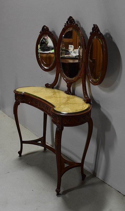 Atypical Kidney Dressing Table In Solid Walnut, Louis XVI Style - Early Twentieth-photo-3