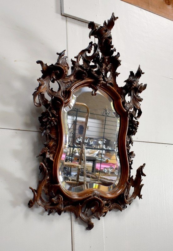 Rocaille Mirror In Solid Walnut, Louis XV Style - 1900 Period-photo-2