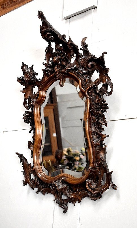 Rocaille Mirror In Solid Walnut, Louis XV Style - 1900 Period-photo-3