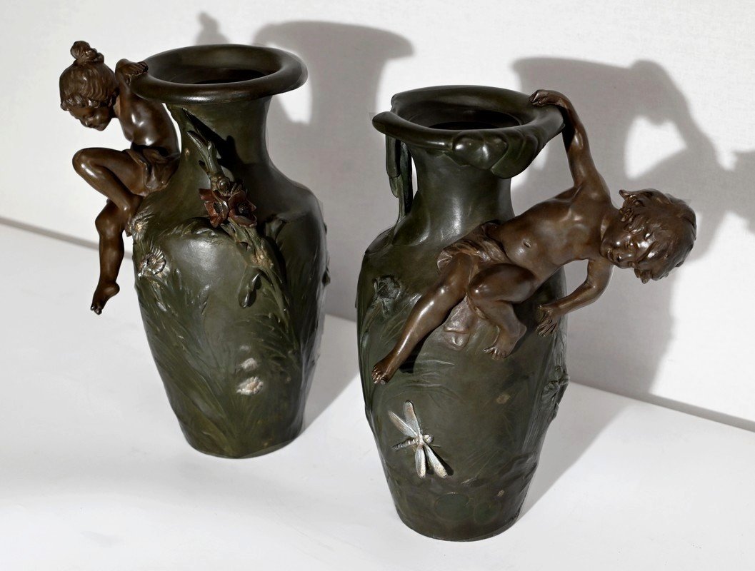 Paire De Vases En Régule, A. Moreau – Fin XIXe-photo-2