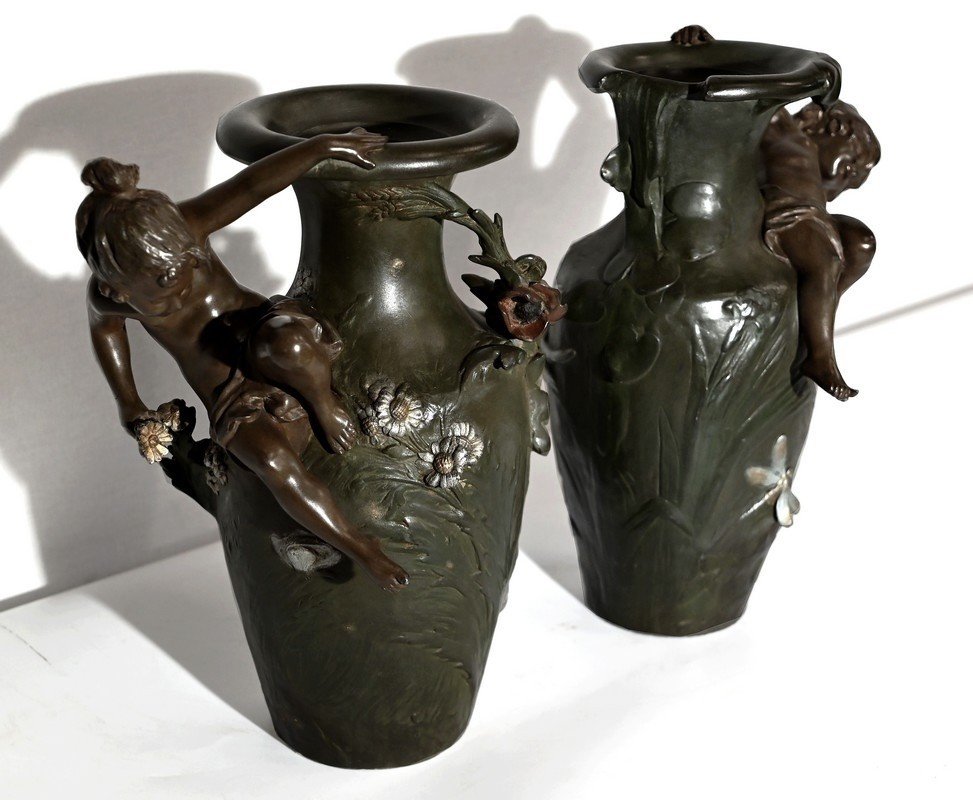 Paire De Vases En Régule, A. Moreau – Fin XIXe-photo-3