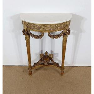 Half-moon Support Console In Marble And Golden Wood, Louis XVI - Mid-19th Century