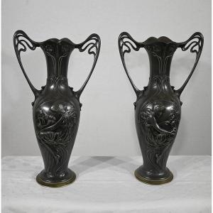 Important Pair Of Pewter Vases, Art Nouveau - 1900