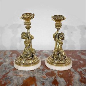 Paire de Bougeoirs en Bronze Doré, époque Napoléon III – Milieu XIXe