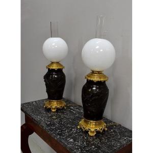Pair Of Asian Lamps With Brown Patina - 1900s