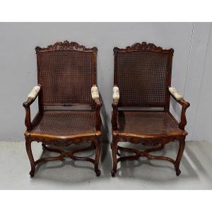 Pair Of Caned Armchairs In Solid Walnut, Regency Style - 1910/1920