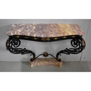 Wall Console In Marble And Wrought Iron, Rocaille Spirit - 1940/1950