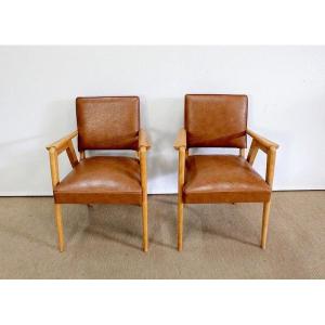 Pair Of Bridge Armchairs, In Natural Beech - 1950s