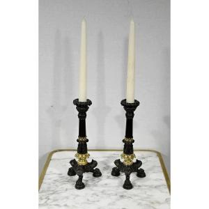 Pair Of Bronze Candlesticks, Restoration Period - Early Nineteenth