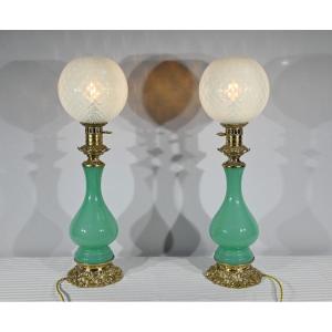 Paire De Lampes En Opaline Et Bronze – Fin XIXe