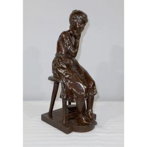 Bronze "seated Girl", By A. Massoulle - Late 19th Century