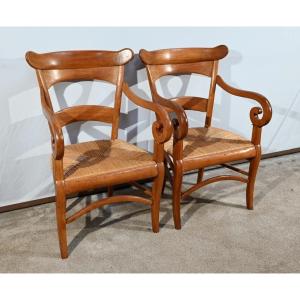 Pair Of Estate Armchairs In Solid Cherry, Restoration Period – 1st Part 19th