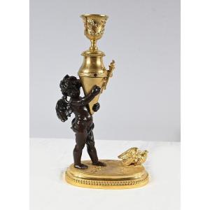 Bronze Candlestick “blindfolded Love”, Signed Ferville Suan – Late 19th Century