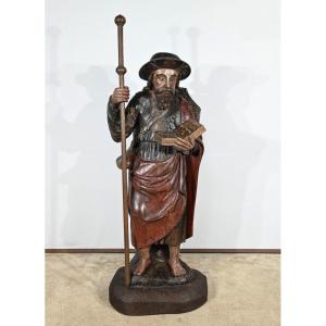 Importante Sculpture De Saint Jacques En Chêne Polychromé – XVIIIe