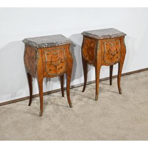 Pair Of Bedside Tables In Rosewood And Marquetry, Louis XV Style – Mid 20th Century