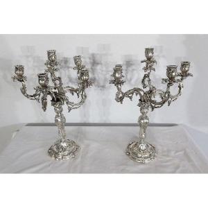 Pair Of Silver-plated Bronze Candelabra, Louis XV Style – 19th Century