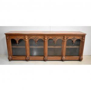 Long Presentation Cabinet, In Walnut, Renaissance Taste - 2nd Part Of The Nineteenth