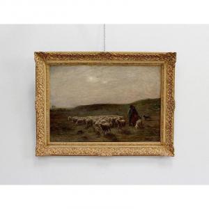 Large Painting '' Sheep In The Pasture '' Signed A. Charpin, 1906 - Early 20th Century