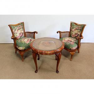 Set Of Armchairs And Chippendale Table In Solid Beech - 1950