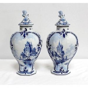 Pair Of Delft Earthenware Vases - Early Twentieth